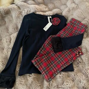 NWT Janie and Jack Blue and Red Holiday Shirt and Tights, Size 12